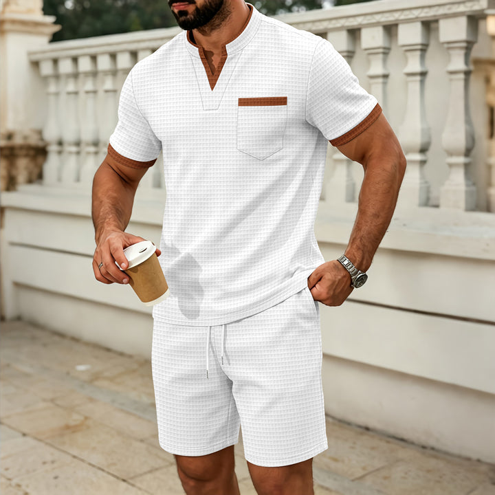 Men’s Casual Plaid Pocket V-Neck Tee &amp; Shorts Co-Ord Set