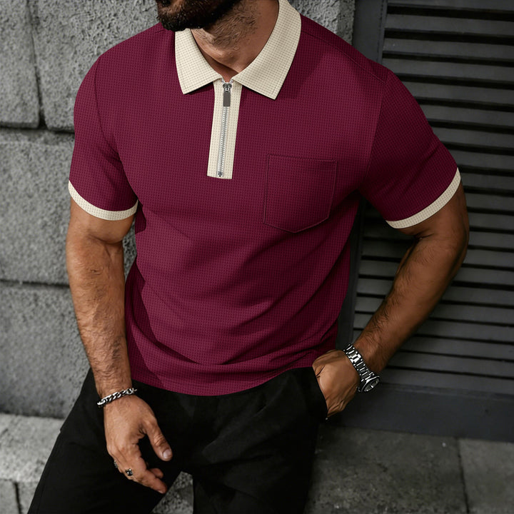Men Contrast Collar Zip Pocket Polo Shirt