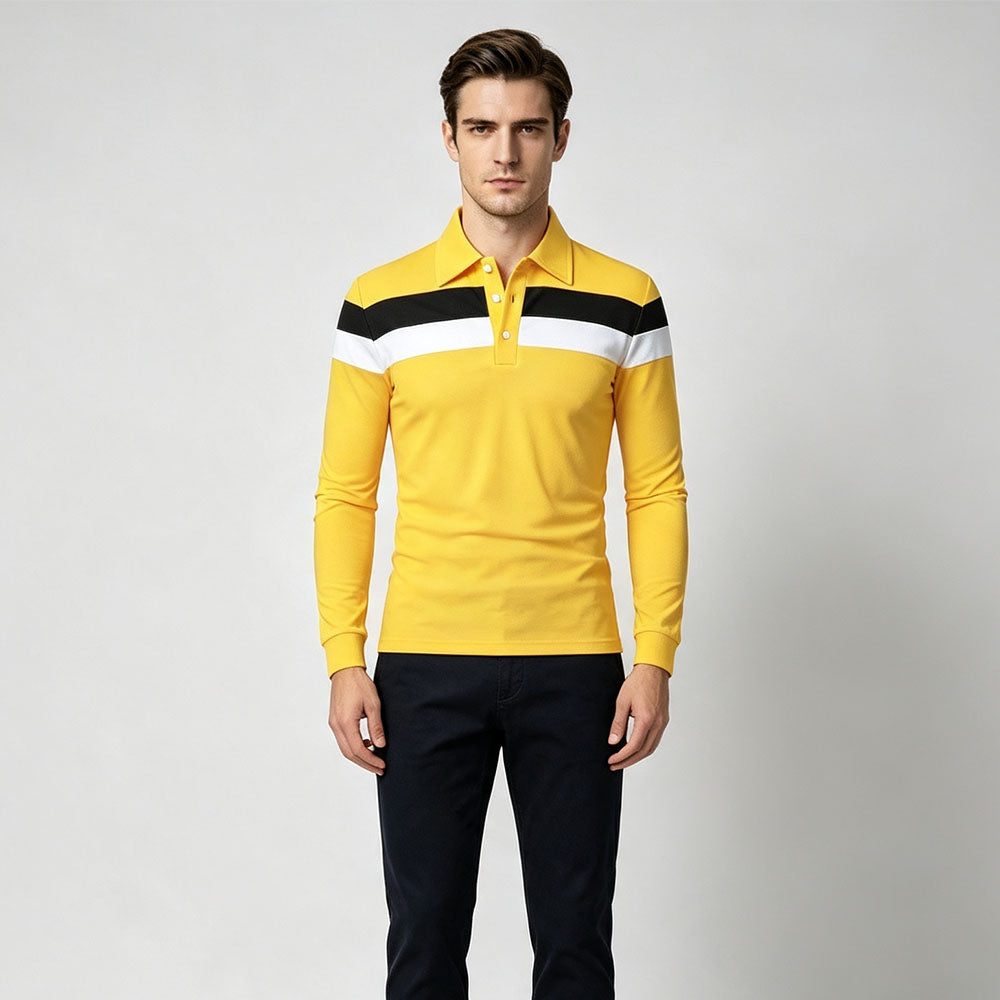 Tricolor patchwork collared long-sleeved polo shirt