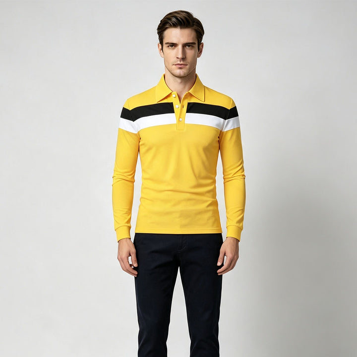 Tricolor patchwork collared long-sleeved polo shirt