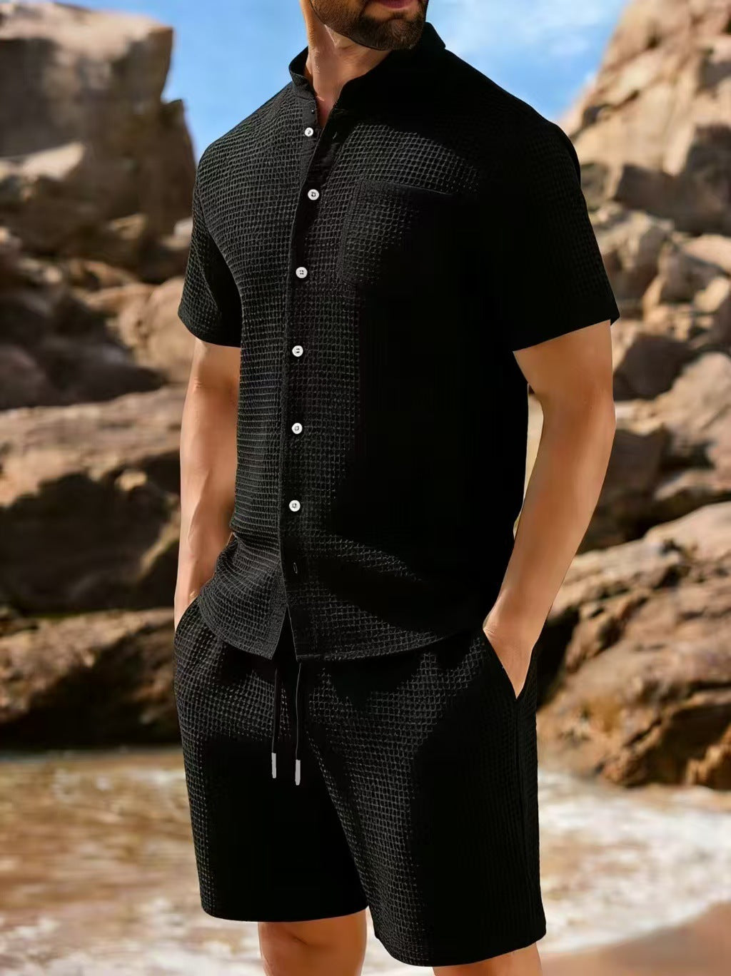 Waffle Knit Polo Two Piece Set