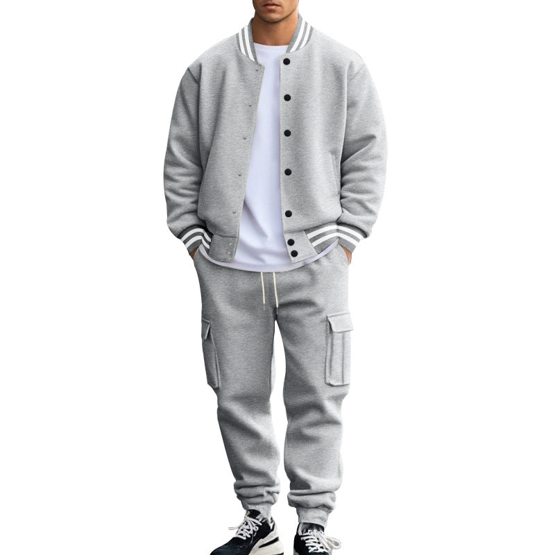 Men Fleece Lined Stand Collar Baseball Jacket Pants 2‑Piece Set
