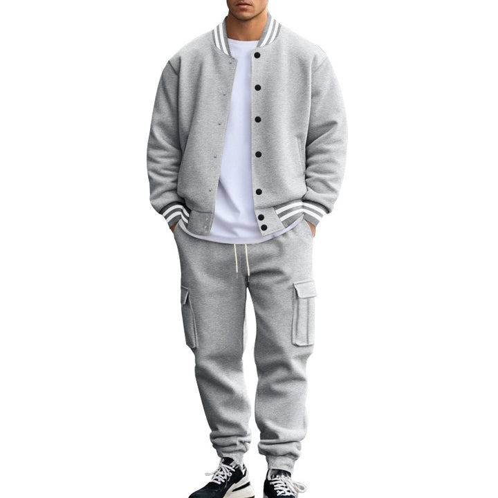 Men Fleece Lined Stand Collar Baseball Jacket Pants 2‑Piece Set