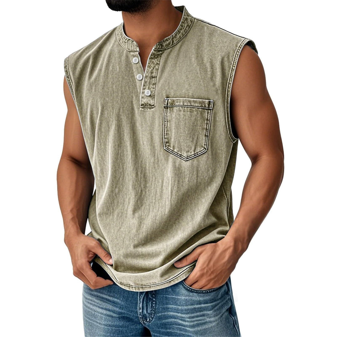 Stand-up collar button sleeveless top