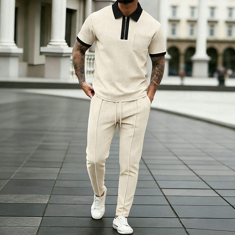 Collared half-zip polo shirt and drawstring trousers set