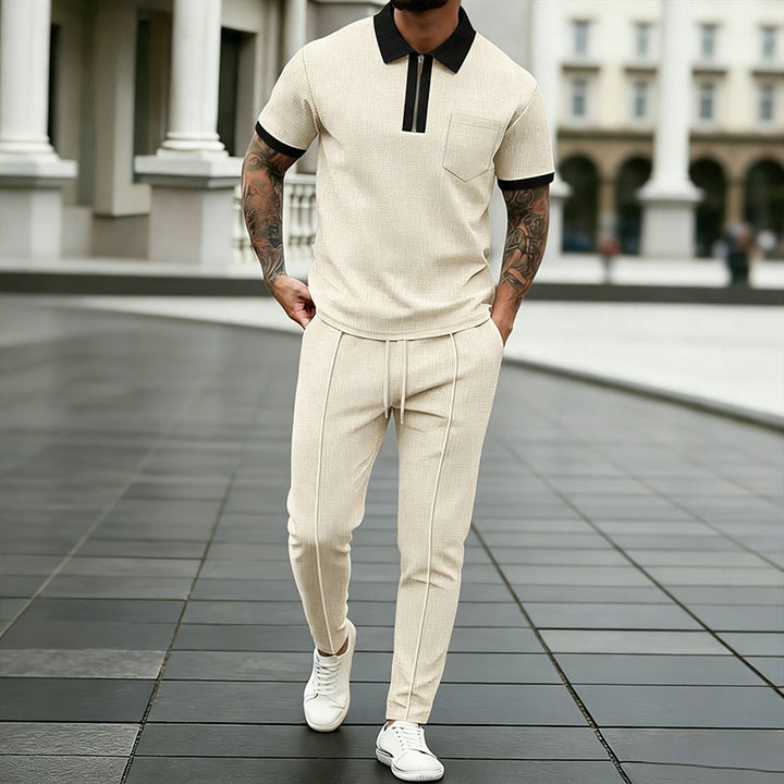 Collared half-zip polo shirt and drawstring trousers set