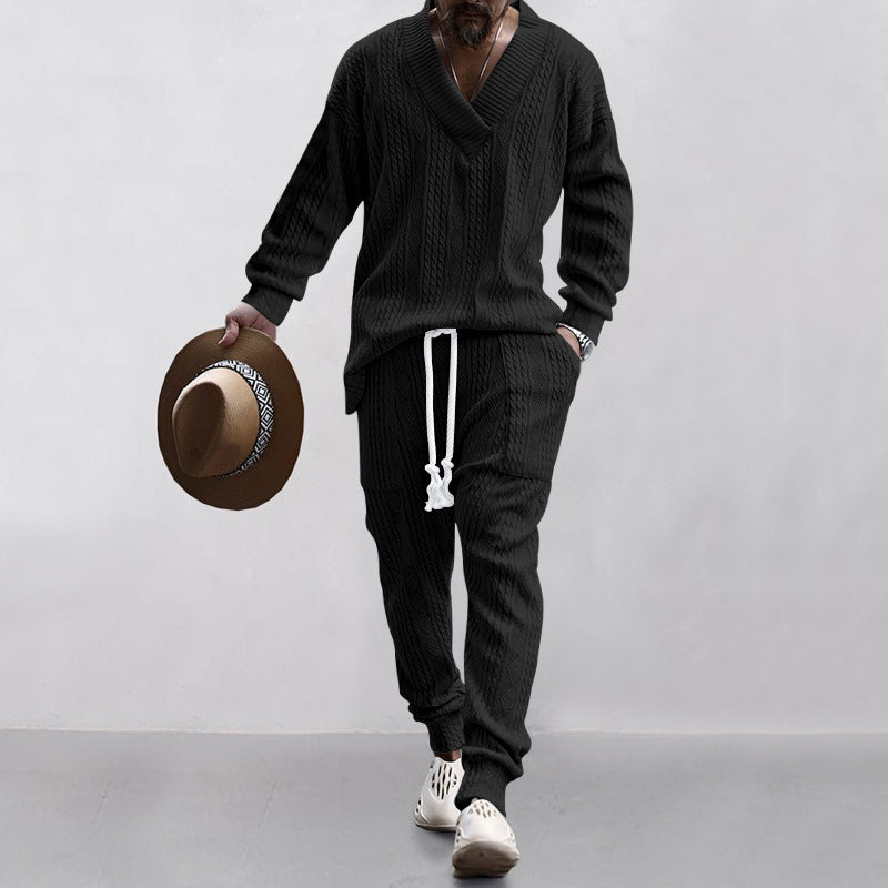 Cable Knit V Neck Sweater Jogger Set