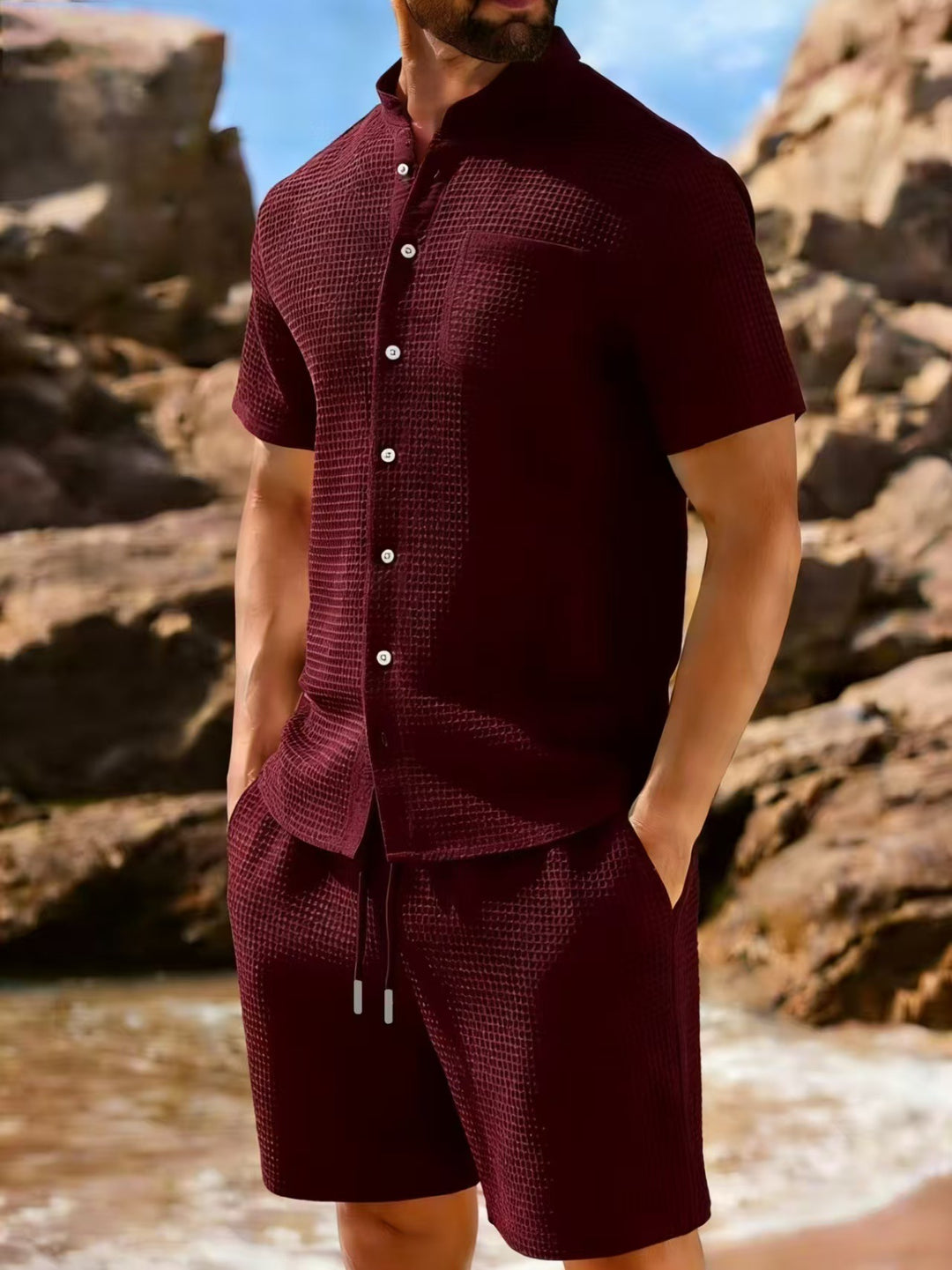 Waffle Knit Polo Two Piece Set