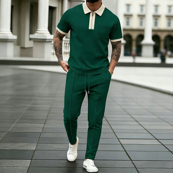 Collared half-zip polo shirt and drawstring trousers set