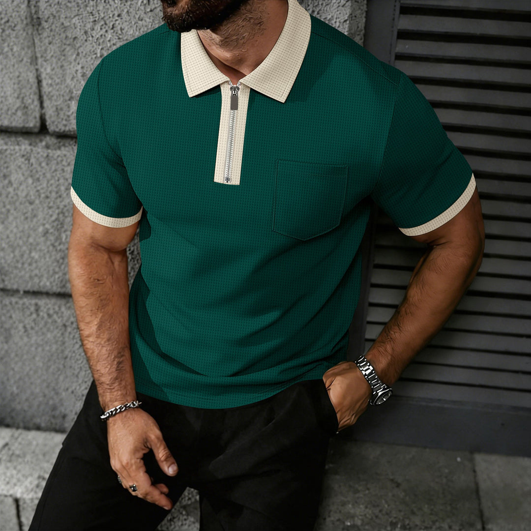 Men Contrast Collar Zip Pocket Polo Shirt