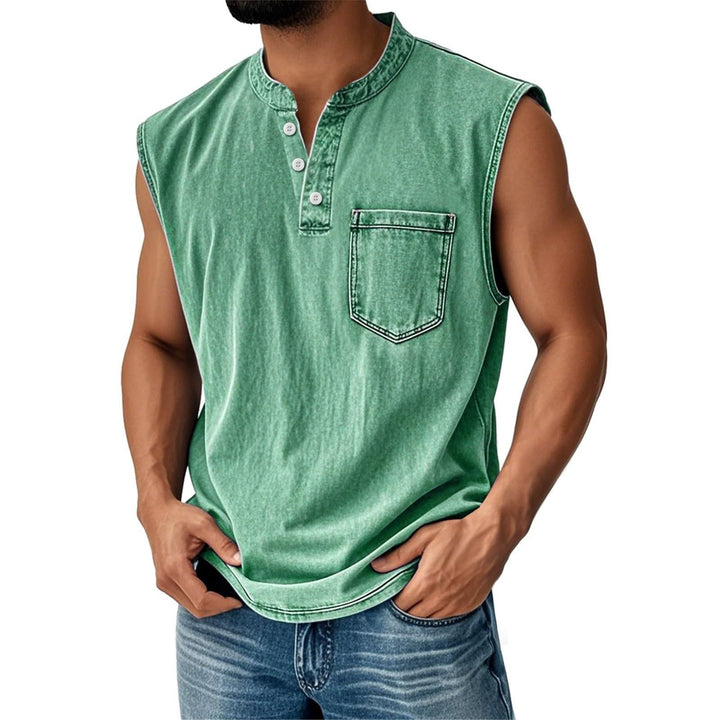 Stand-up collar button sleeveless top