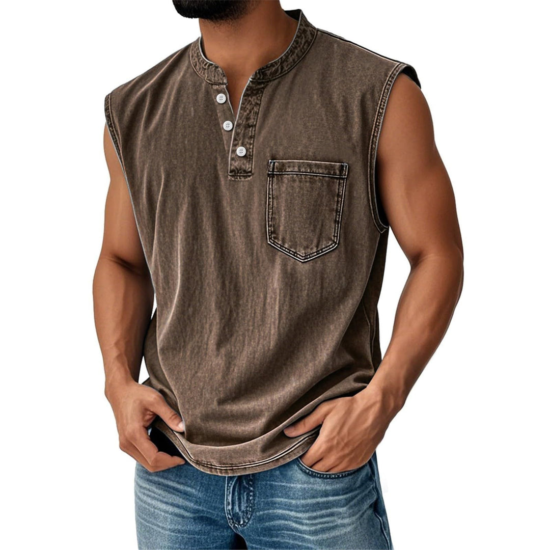 Stand-up collar button sleeveless top
