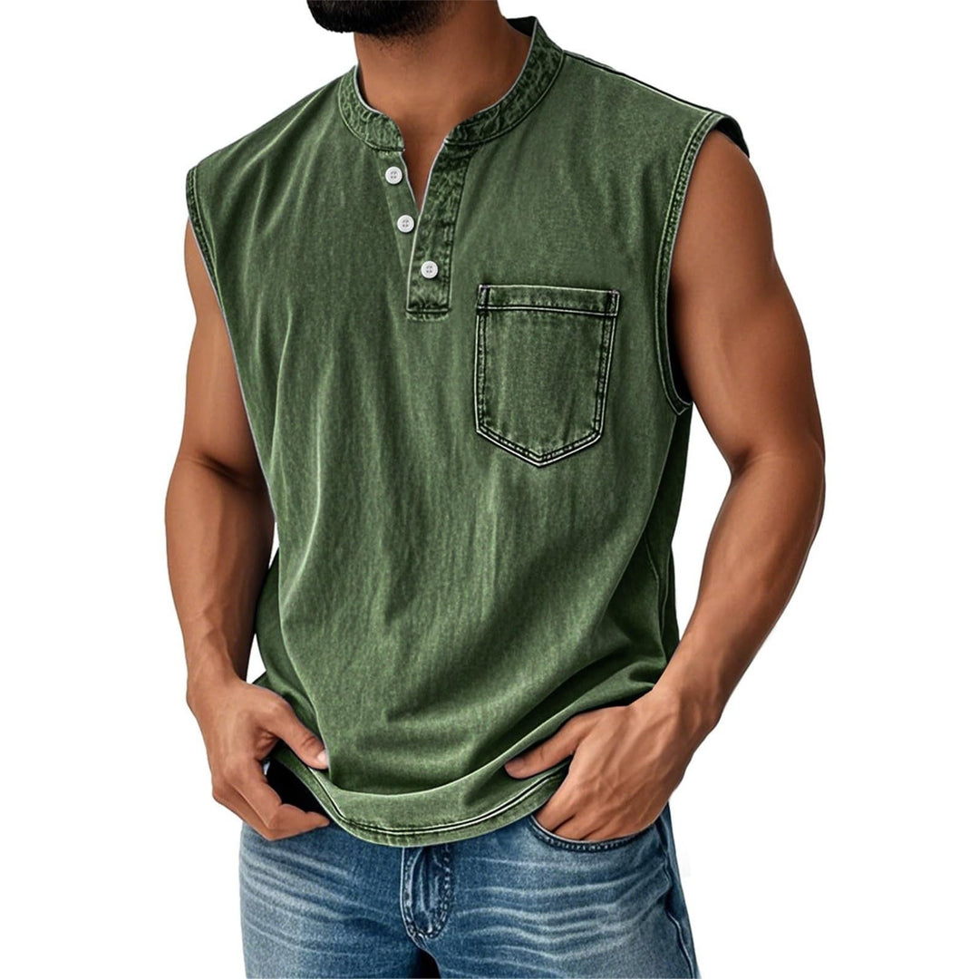 Stand-up collar button sleeveless top