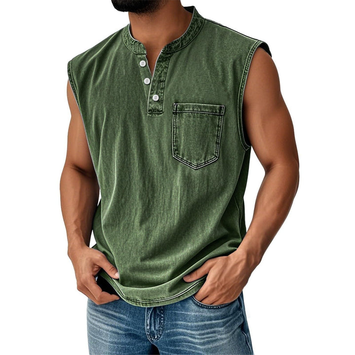 Stand-up collar button sleeveless top