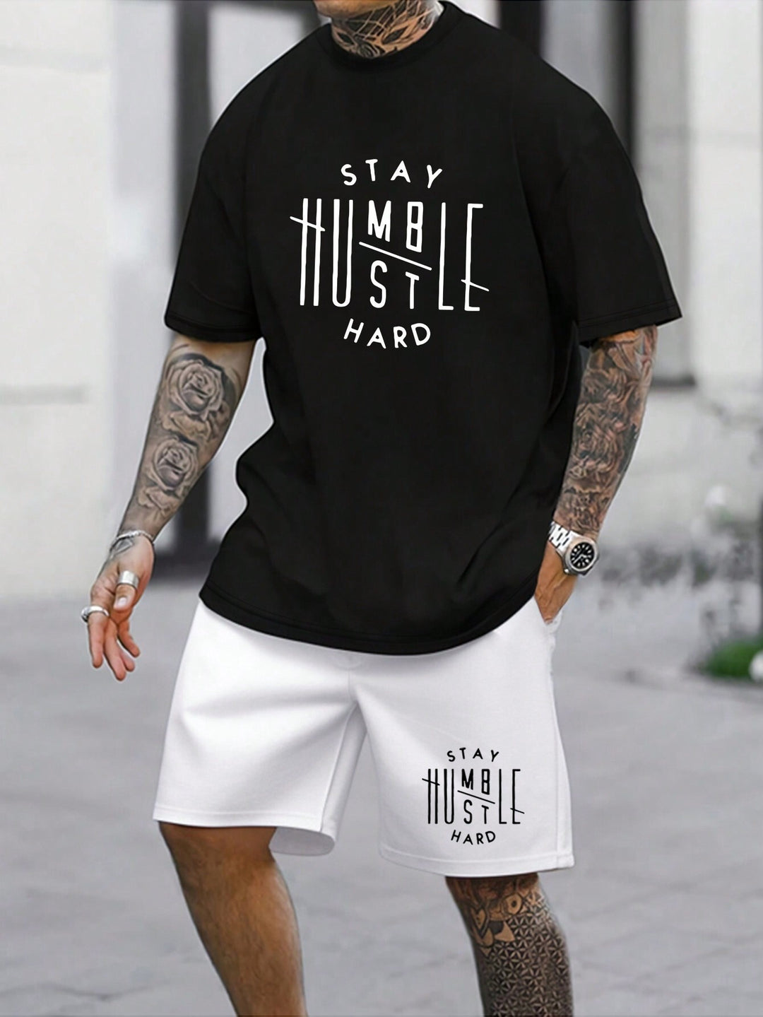 Street-style loose short-sleeve top and shorts two-piece set