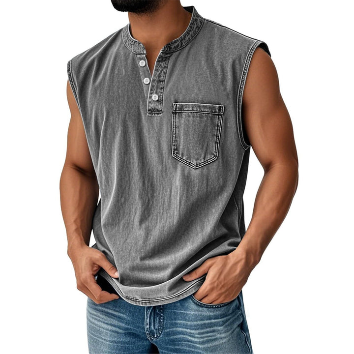 Stand-up collar button sleeveless top
