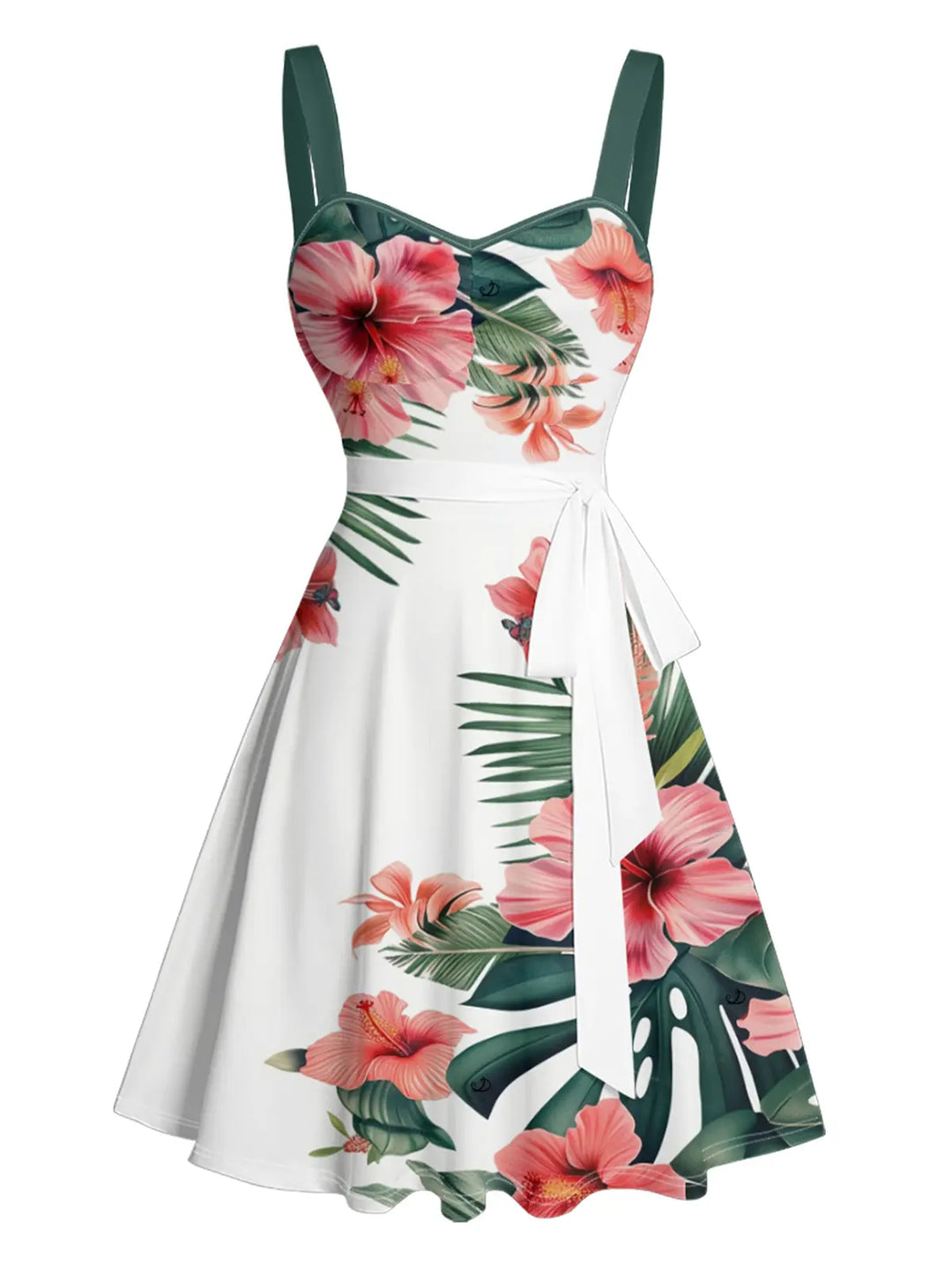 Couple Matching Tropical Hibiscus Print Vacation Outfit, Men 2Pcs Shirt &amp; Shorts Set + Women Spaghetti Strap Midi Dress