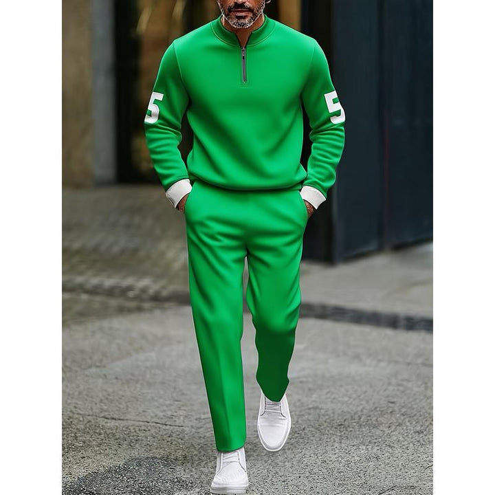 Half-open zipper long-sleeved printed polo shirt set