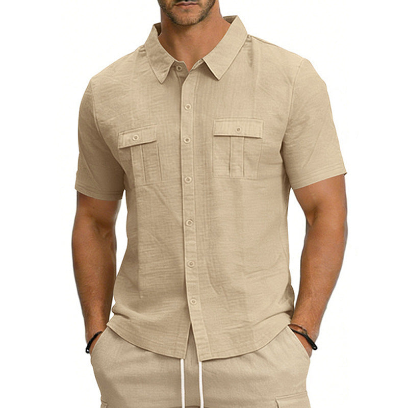 Casual outdoor multi-pocket workwear collared short-sleeved shirt
