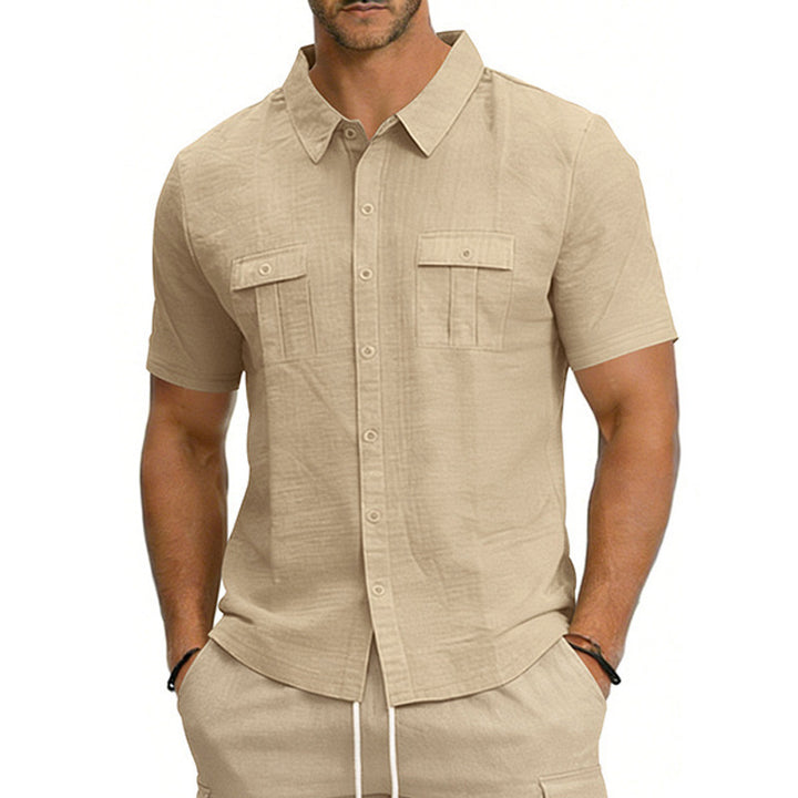 Casual outdoor multi-pocket workwear collared short-sleeved shirt