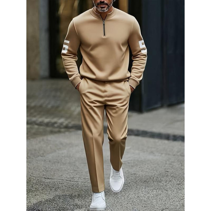 Half-open zipper long-sleeved printed polo shirt set