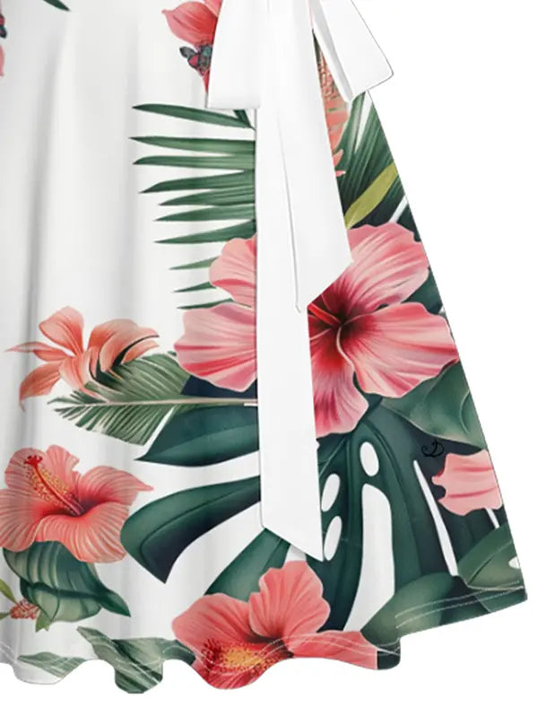Couple Matching Tropical Hibiscus Print Vacation Outfit, Men 2Pcs Shirt &amp; Shorts Set + Women Spaghetti Strap Midi Dress