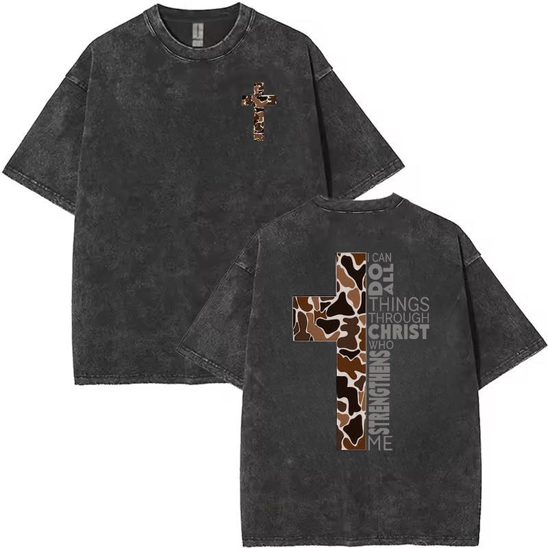 Christian Leopard Cross Front Back Print Faith T-Shirt