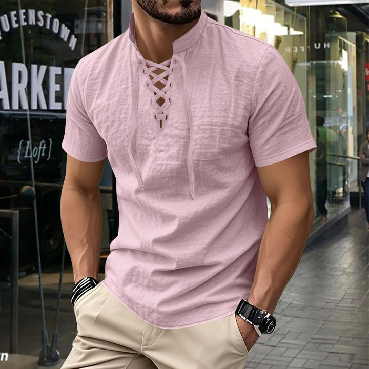 Casual Henry stand-up collar simple short-sleeved shirt