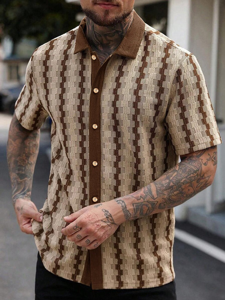 Vintage Plaid Knit Short Sleeve Shirt – Casual Retro Button Up Summer Shirt
