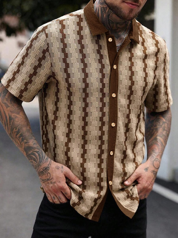Vintage Plaid Knit Short Sleeve Shirt – Casual Retro Button Up Summer Shirt