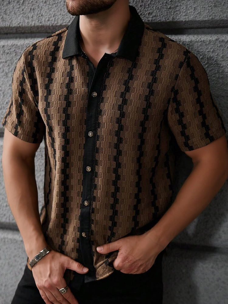 Vintage Plaid Knit Short Sleeve Shirt – Casual Retro Button Up Summer Shirt