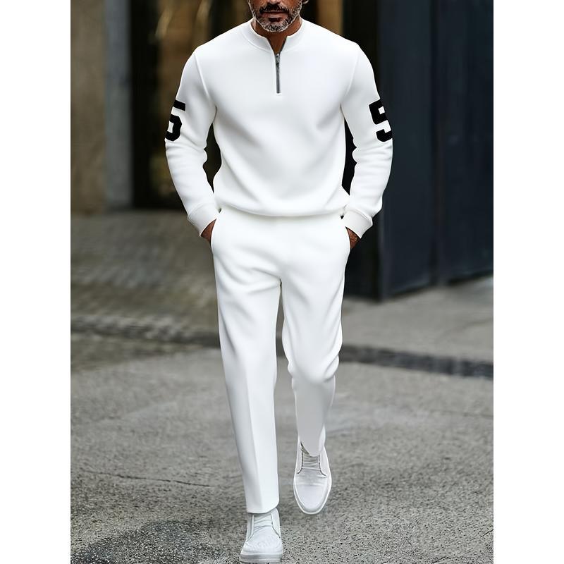 Half-open zipper long-sleeved printed polo shirt set