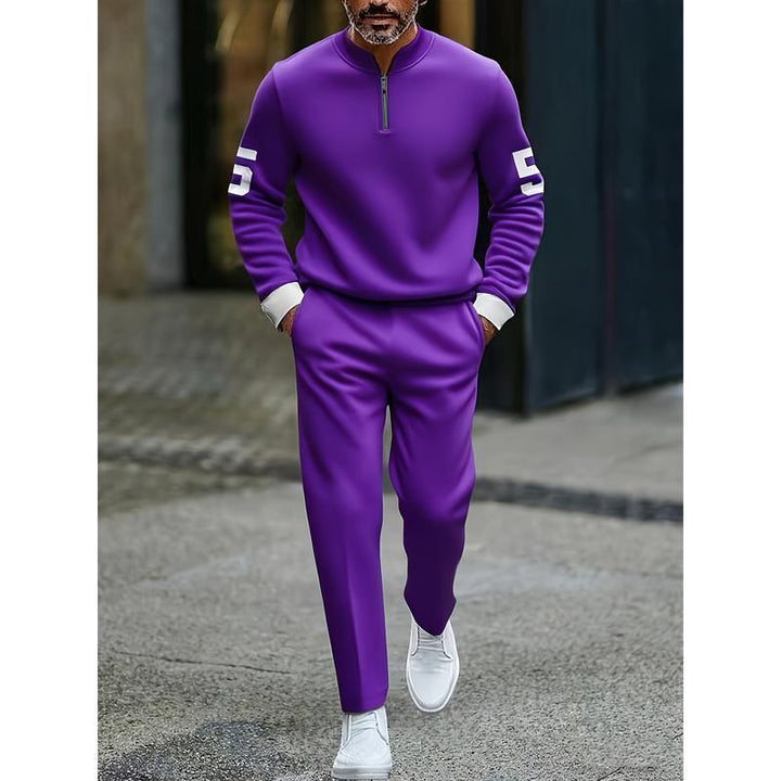 Half-open zipper long-sleeved printed polo shirt set