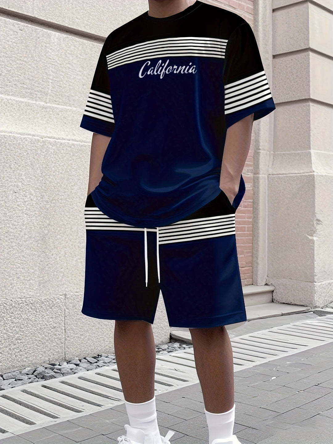 Retro California print striped short-sleeved top with drawstring shorts two-piece set