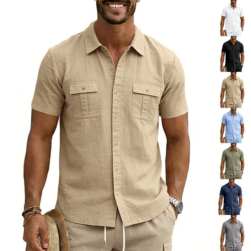 Casual outdoor multi-pocket workwear collared short-sleeved shirt