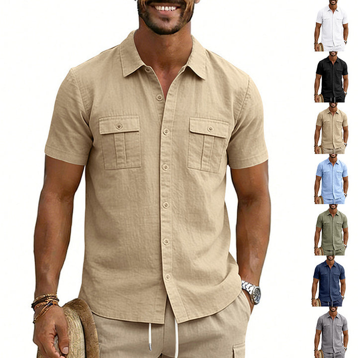 Casual outdoor multi-pocket workwear collared short-sleeved shirt