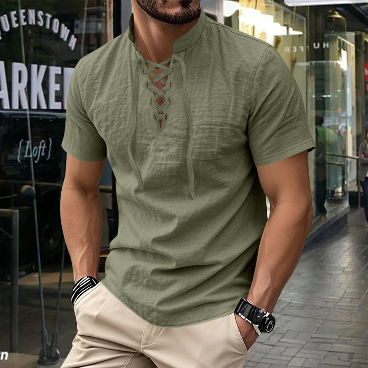 Casual Henry stand-up collar simple short-sleeved shirt