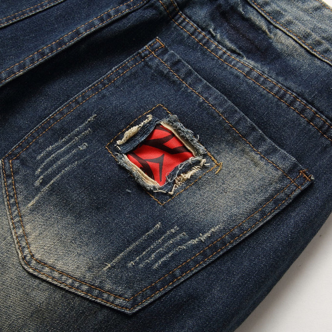 Retro punk ripped five-point straight leg denim shorts