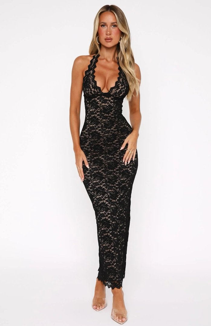 Onyx Halter Lace Maxi Dress