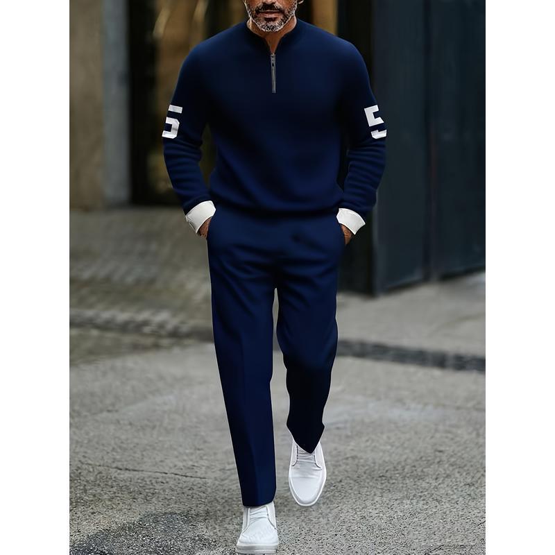 Half-open zipper long-sleeved printed polo shirt set