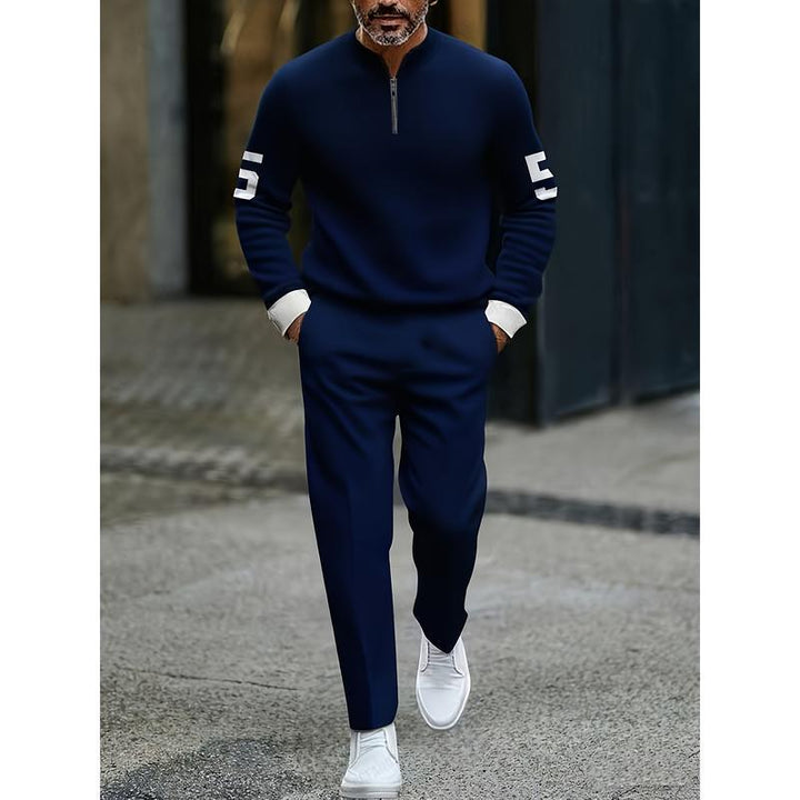Half-open zipper long-sleeved printed polo shirt set