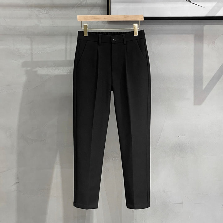 Black Slim Fit 9 Points Suit Pants, Soft Smooth Wrinkle Resistant Casual Daily Trousers For Men