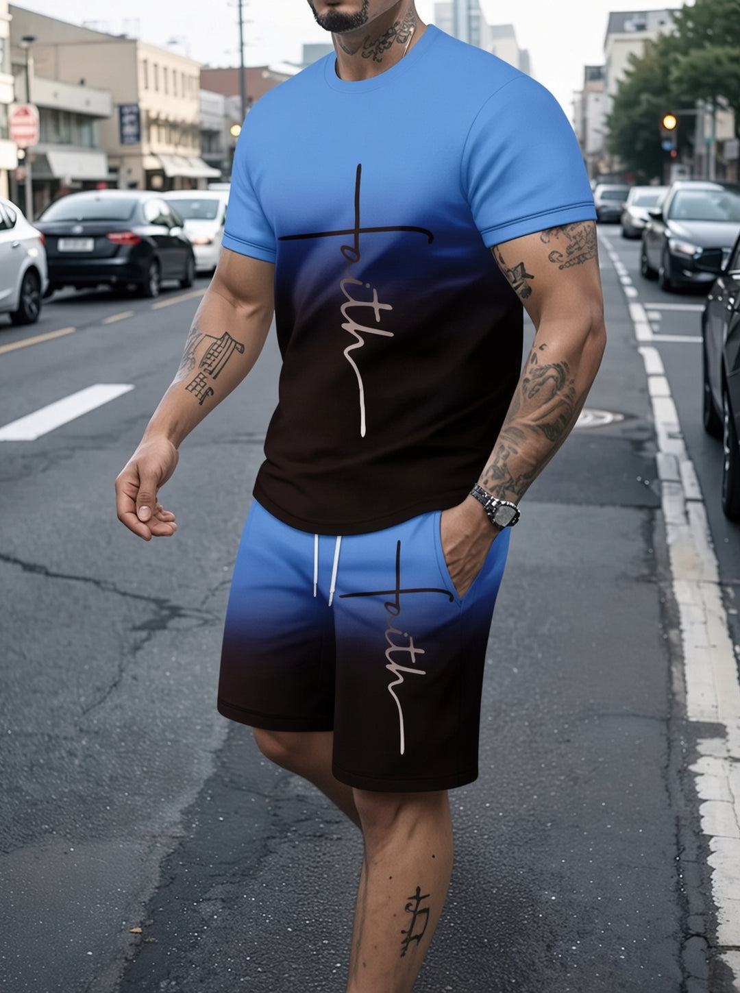 Men Gradient Faith Cross Print Short Sleeve T-Shirt &amp; Drawstring Shorts 2 Piece Outfit